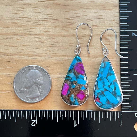 New Sim Blue Turquoise and Fuchsia Spiny Oyster Acrylic Silver Overlay Earrings - Picture 6 of 7